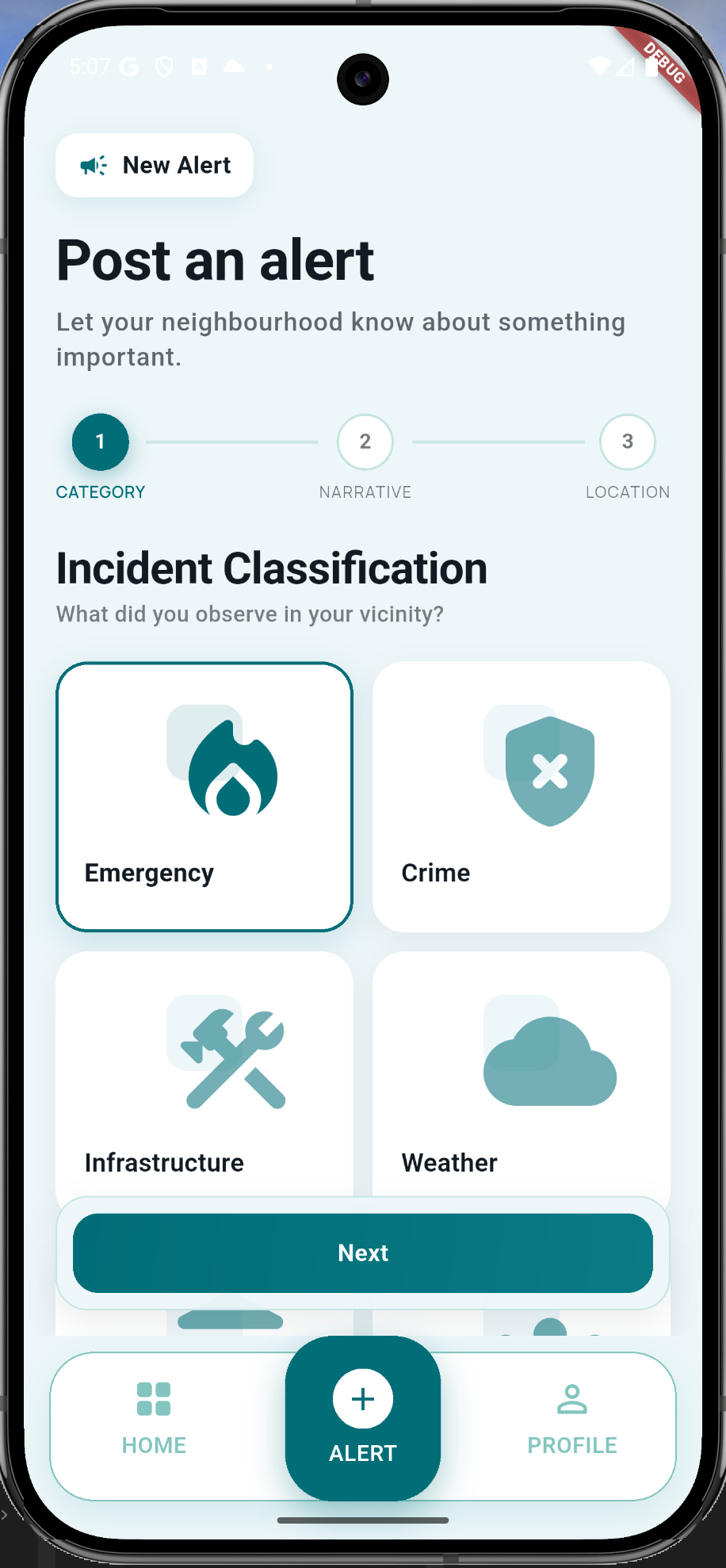 Alertly create alert flow showing incident classification