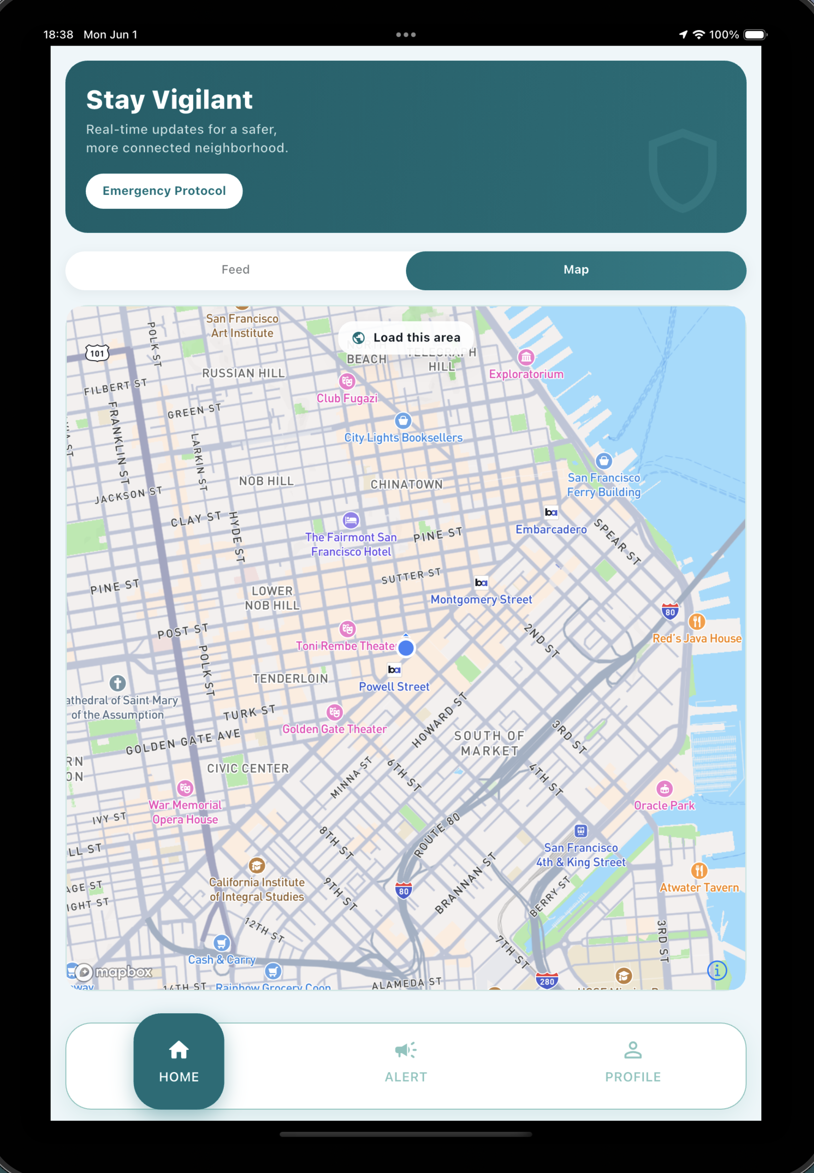 Alertly tablet view showing map alerts and neighborhood coverage
