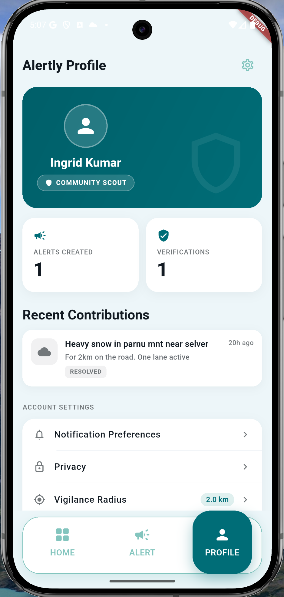 Alertly profile and alert activity view